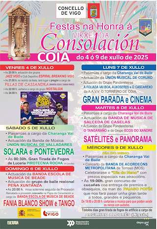 Fechas, información, programa, cartel, imágenes, mapa y ubicación de Festas de Coia - Virxe da Consolación  en  Vigo